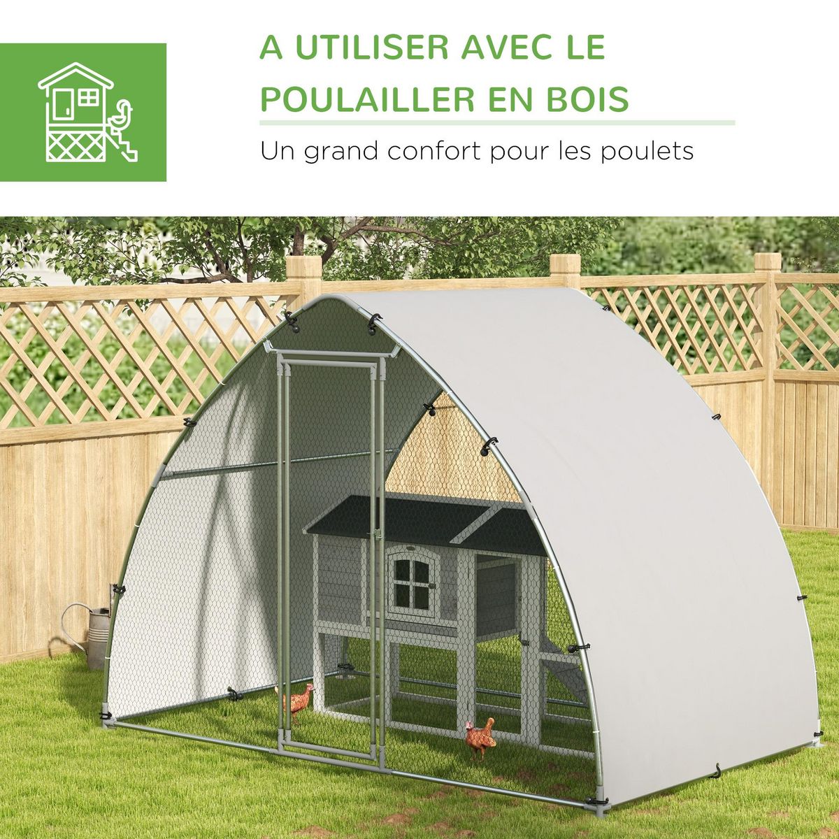 PAWHUT Enclos poulailler chenil 5,75 m² - toit anti-UV, porte verouillable - dim. 3,04L x 1,9l x 2,2H m - acier galvanisé