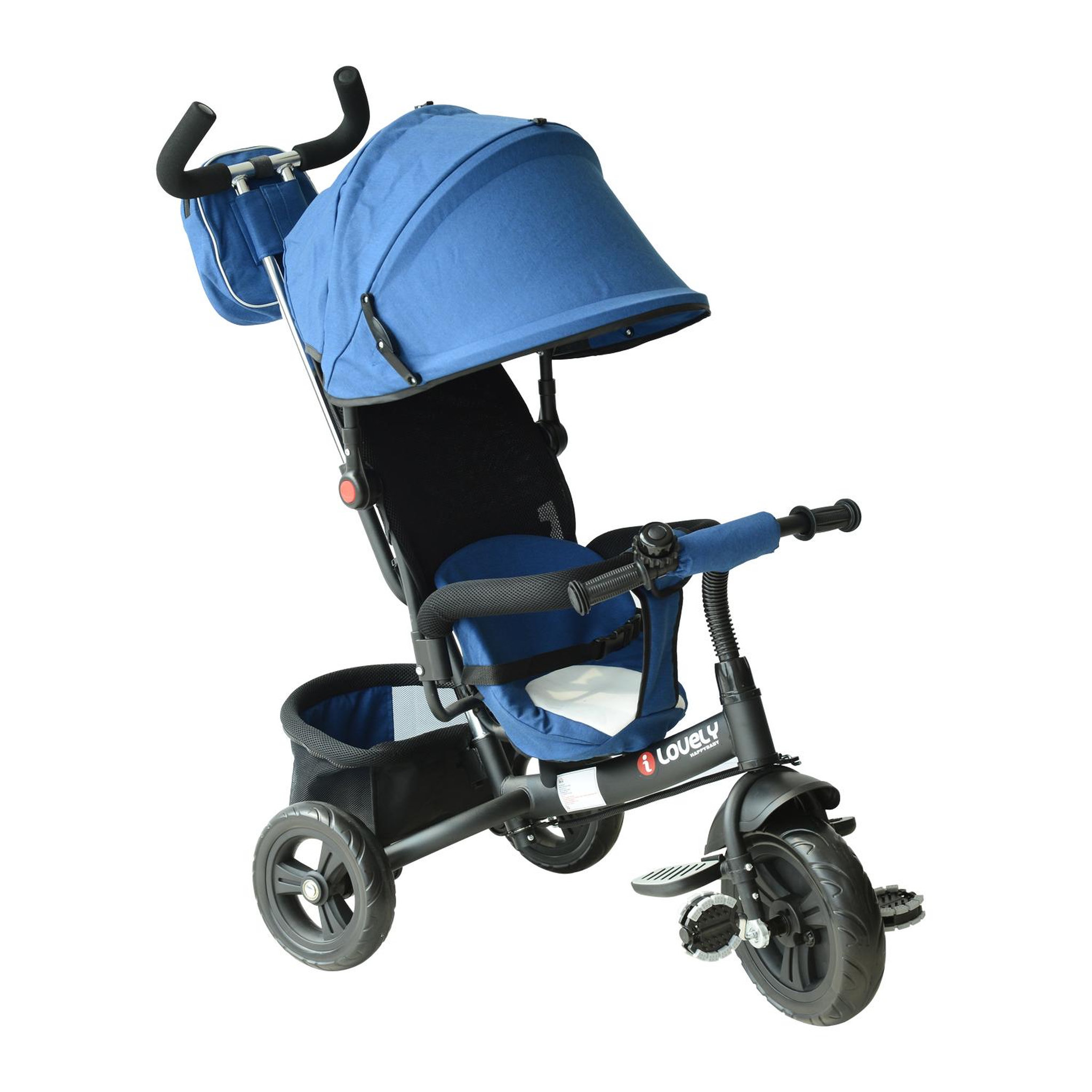 Voir la diapositive 1 : HOMCOM Tricycle enfants évolutif canne  et pare-soleil pliable amovible sacoche et panier 102 x 49l x 102 cm acier bleu