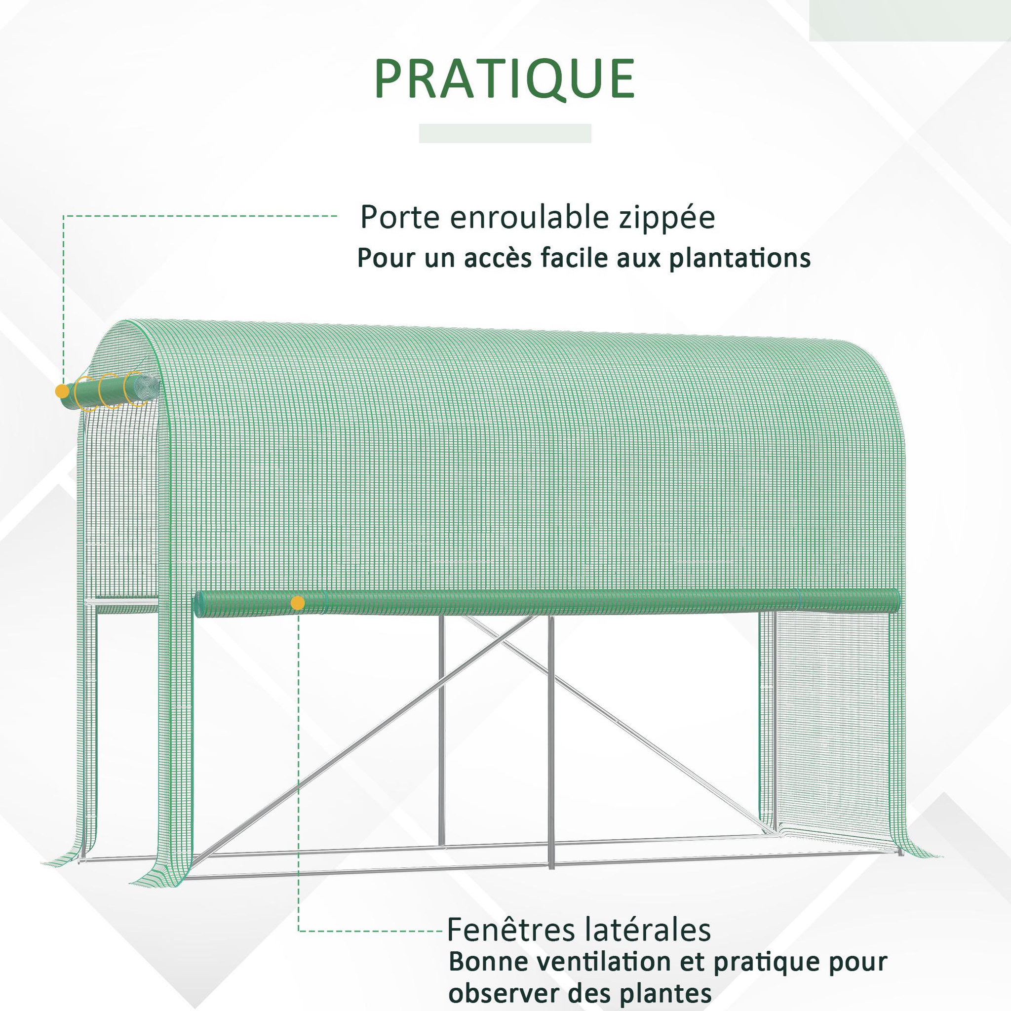 Voir la diapositive 6 : OUTSUNNY Serre de jardin serre à tomates dim. 3L x 1l x 2H m porte zippée déroulante 2 fenêtres latérales enroulables acier PE haute densité vert