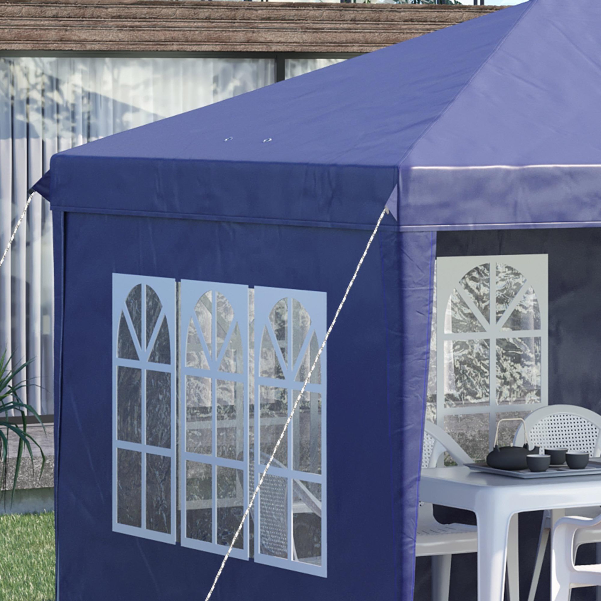 Voir la diapositive 6 : OUTSUNNY Tonnelle pop up pliante - barnum pliable - 4 cotés démontables - 4 fenêtres - acier oxford haute densité bleu