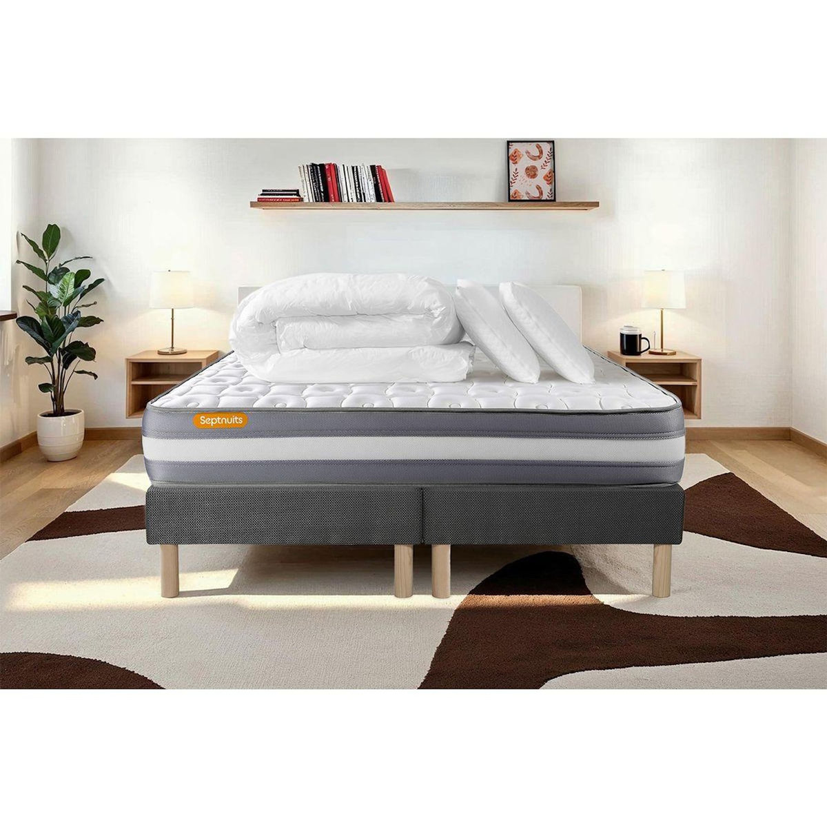SEPTNUITS PACK matelas + double sommier gris Memo Plus Mémoire de forme 3 zones + 2 oreillers + couette