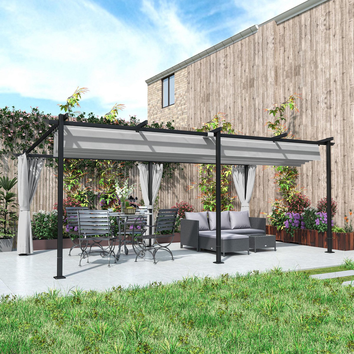 OUTSUNNY Pergola coulissante rétractable 3 x 6 m 4 rideaux latéraux amovibles alu métal toile gris