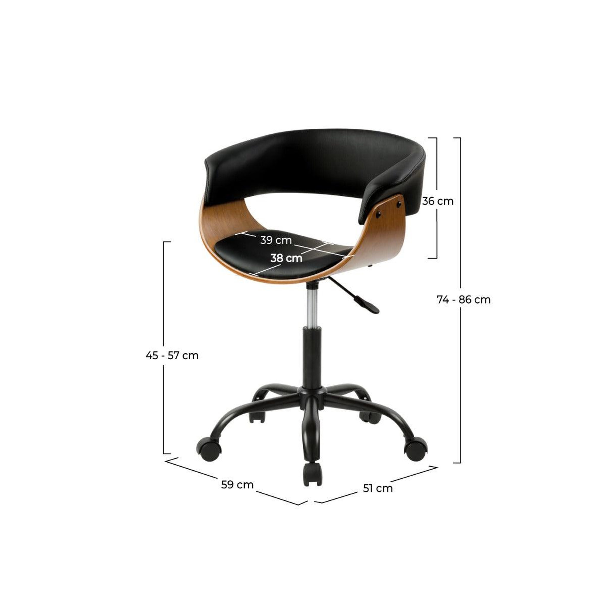 Voir la diapositive 4 : MAISON PAVANE Chaise de bureau pivotante sur roulettes en bois et PU noir-Basile