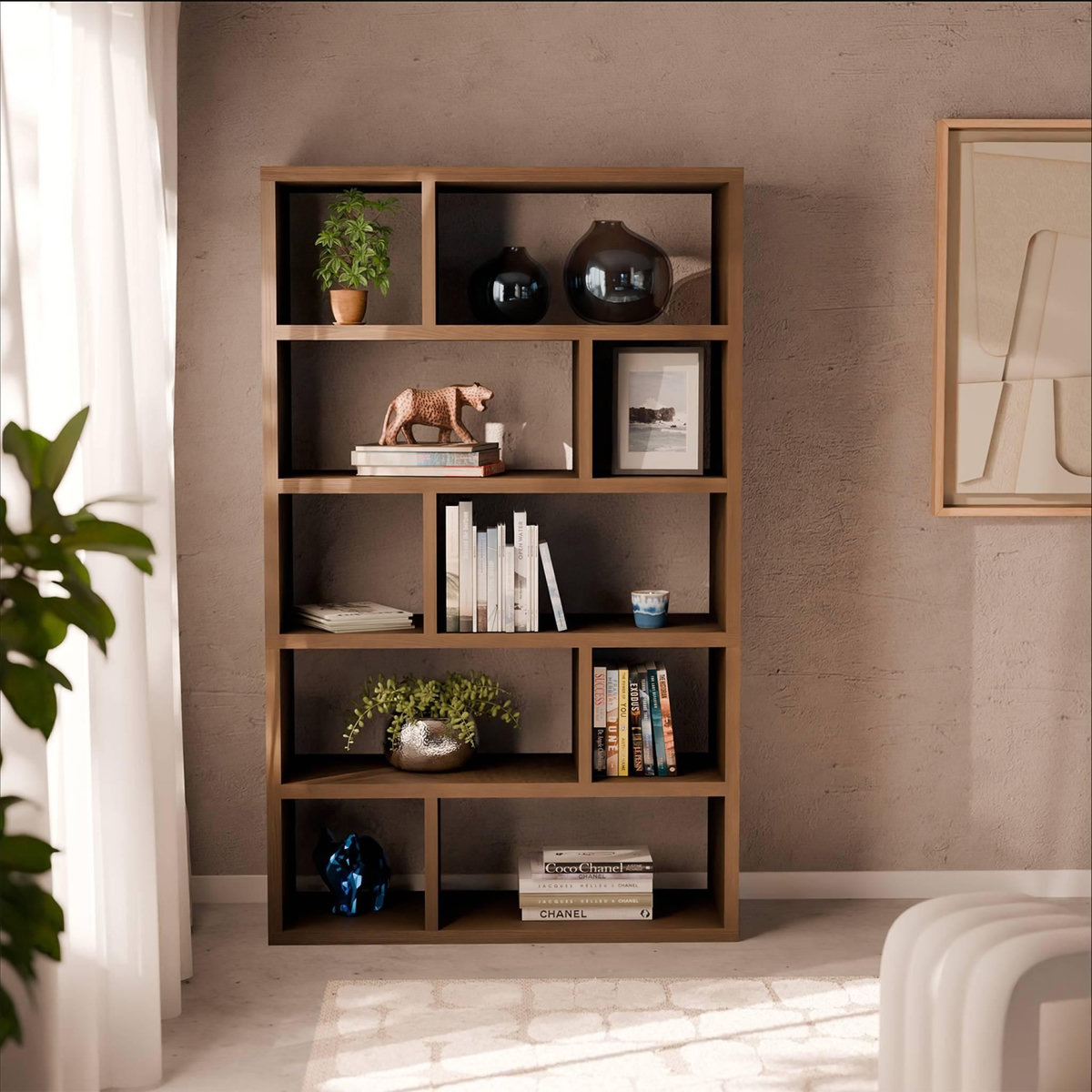 SWEEEK Etagère bibliothèque asymétrique 5 niveaux 10 compartiments. casiers. effet bois de noyer. L 111.2 x P 39 x H 190cm