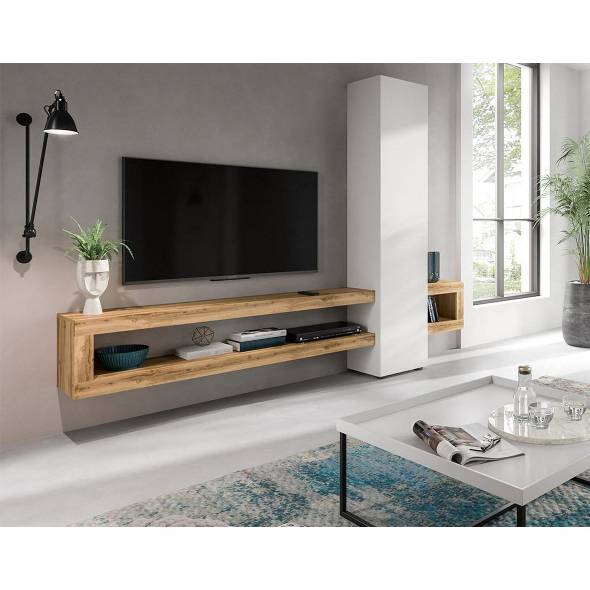 BEST MOBILIER Ned - meuble tv suspendu - 1 porte et 3 étagères - effet bois et blanc - 240 cm