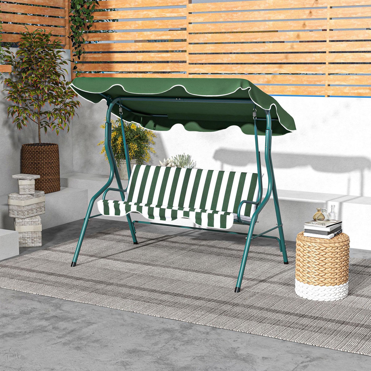 OUTSUNNY Balancelle de jardin 3 places coussins assise dossier vert blanc rayé