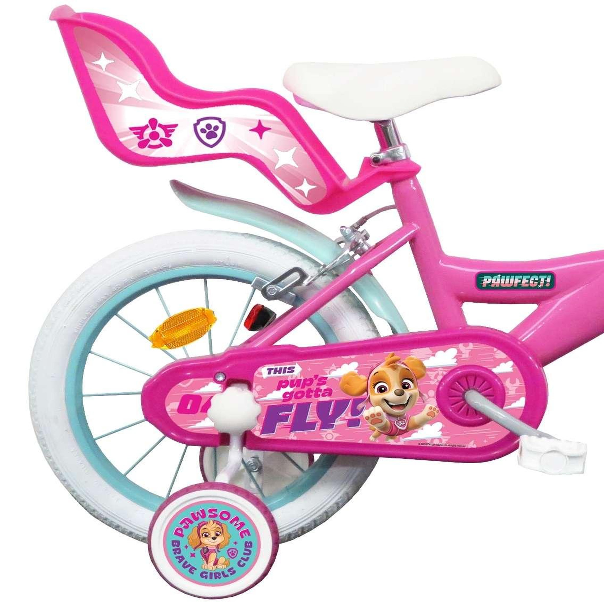 Voir la diapositive 2 : Nickelodeon Vélo enfant 16'' - Modèle Fille Pat Patrouille à l'effigie de Stella pour enfant de 105 à 120 cm avec stabilisateurs - Panier avant - Porte poupée arrière - 2 freins & Pneus gonflables.