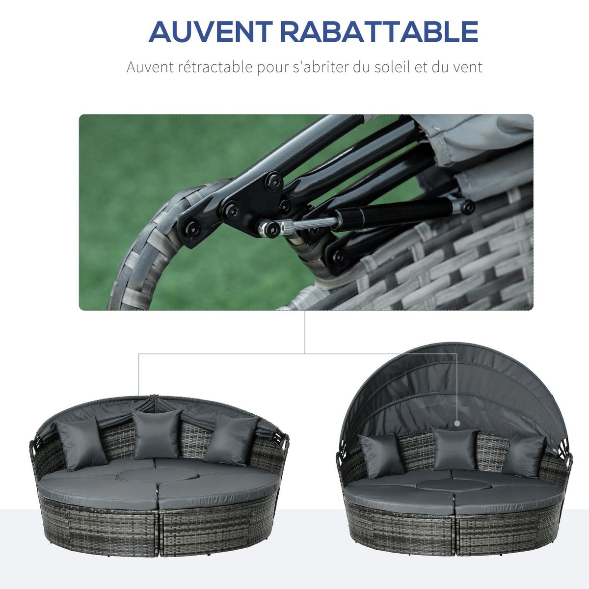 OUTSUNNY Lit canapé de jardin modulable grand confort pare-soleil pliable 5 coussins 3 oreillers 180L x 175l x 147H cm résine tressée polyester gris