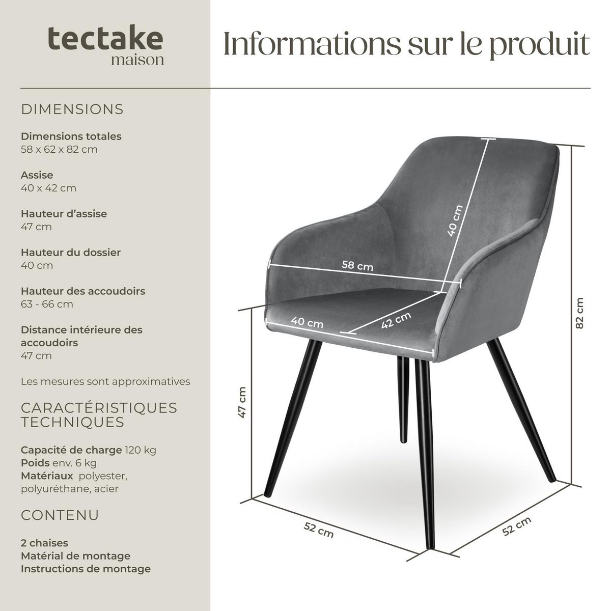 tectake Chaise style scandinave rembourrée aspect velours gris/noir Lot de 2