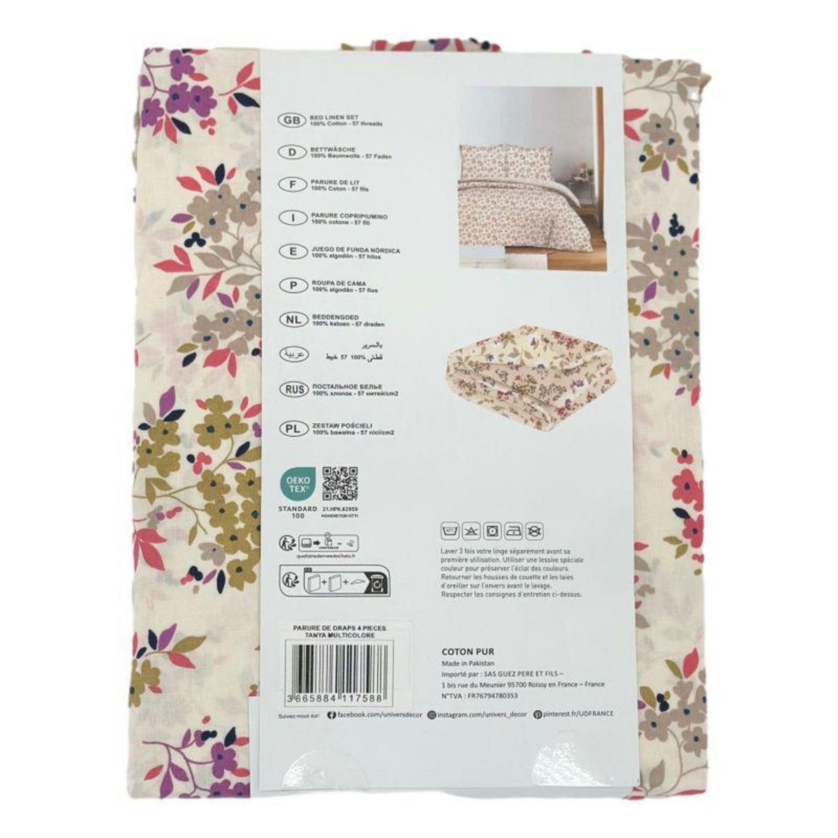 COTON PUR Parure de draps 4 pièces pour lit 160 x 200 cm  Grande largeur  Tanya multicolore