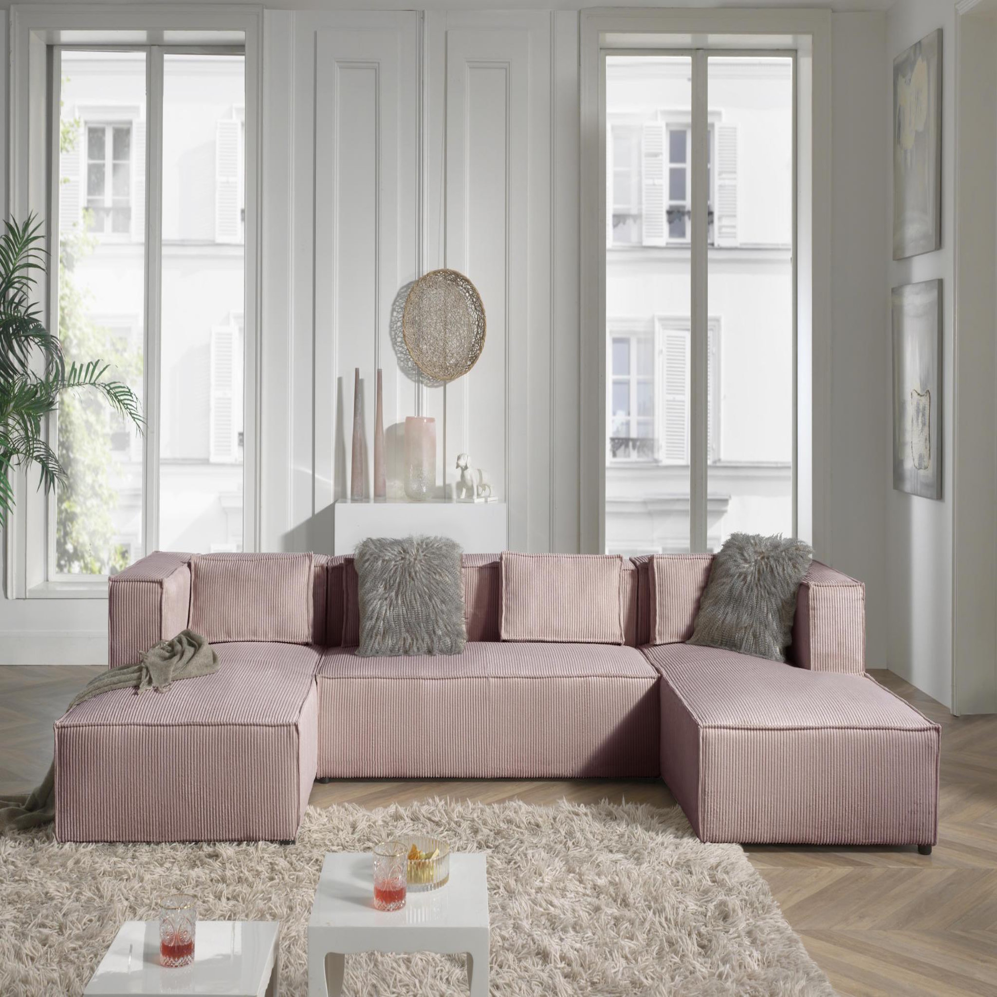 Voir la diapositive 2 : BEST MOBILIER Stella - canapé panoramique en u - 7 places - en velours côtelé