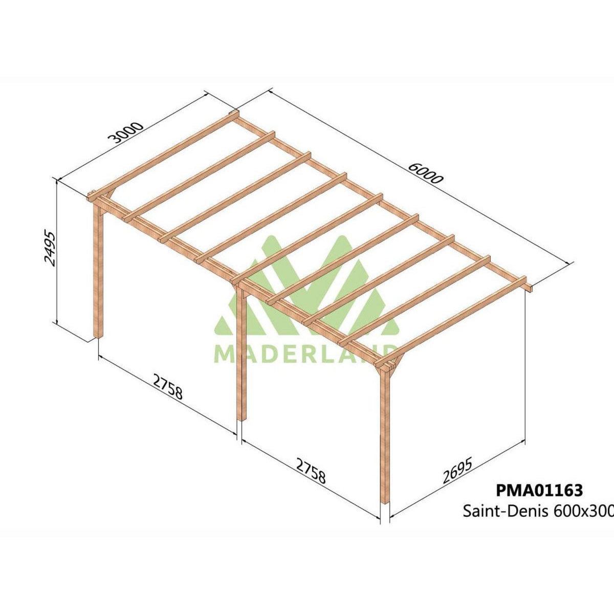 JARDIDECO Pergola adossée en bois massif Saint-Denis 600 x 300 cm - Maderland