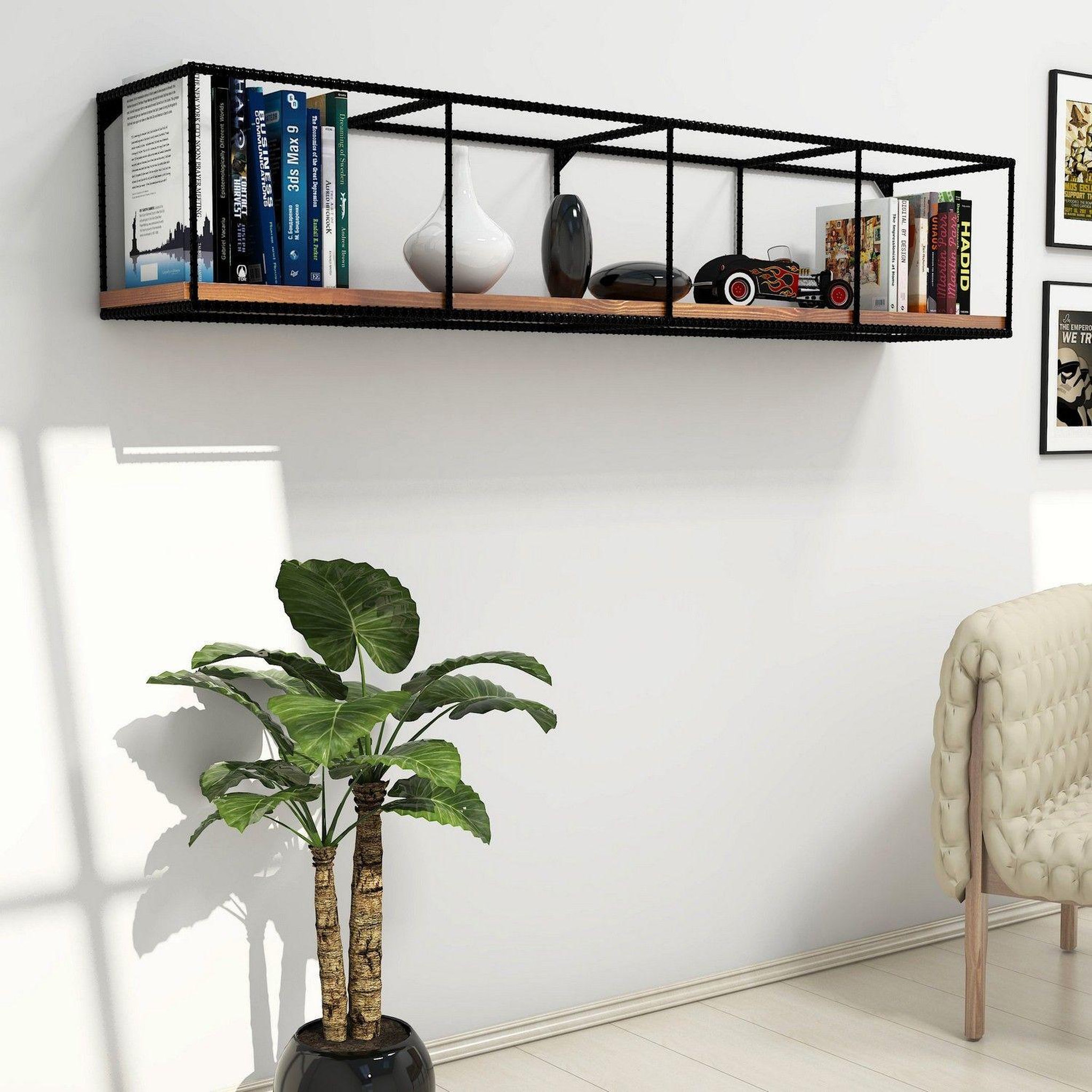 Voir la diapositive 2 : TOILINUX Etagère murale design industriel Miray - L. 120 x H. 30 cm - Noir