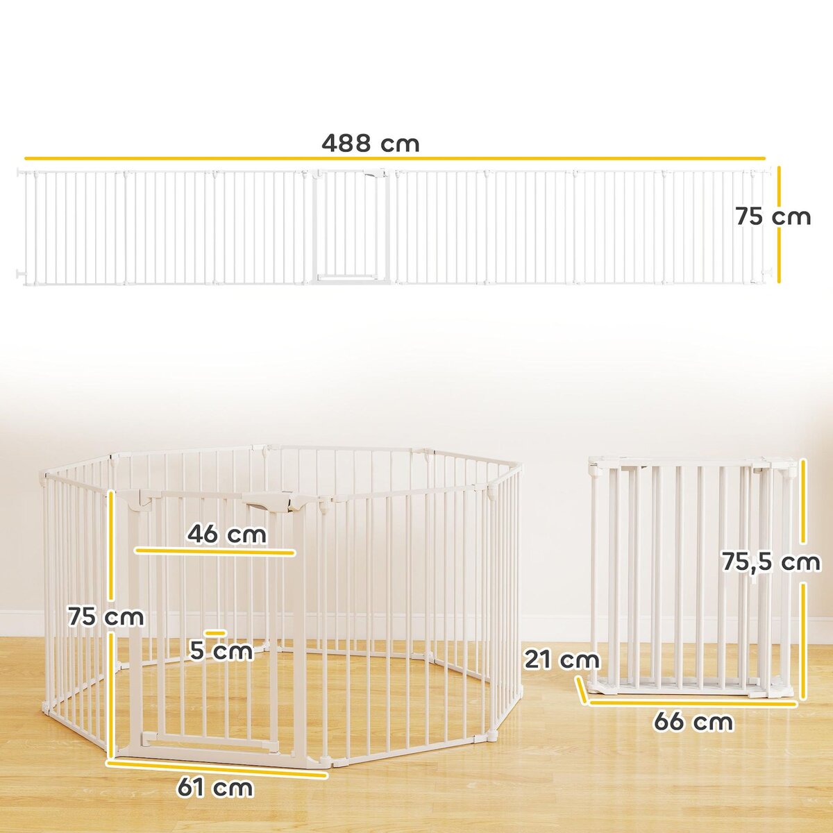PAWHUT Barrière de sécurité pliable modulable max. L.488cm parc enclos 8 panneaux - porte double verrouillage - acier blanc