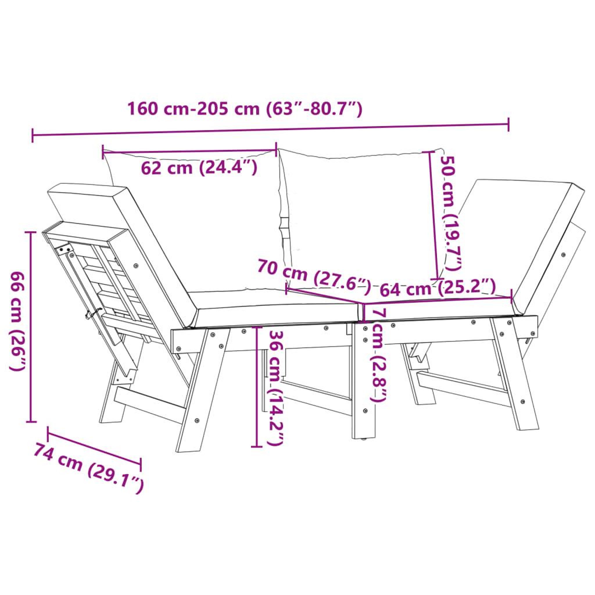 Voir la diapositive 6 : VIDAXL Banc de jardin avec coussins 2 en 1 bois d'acacia massif