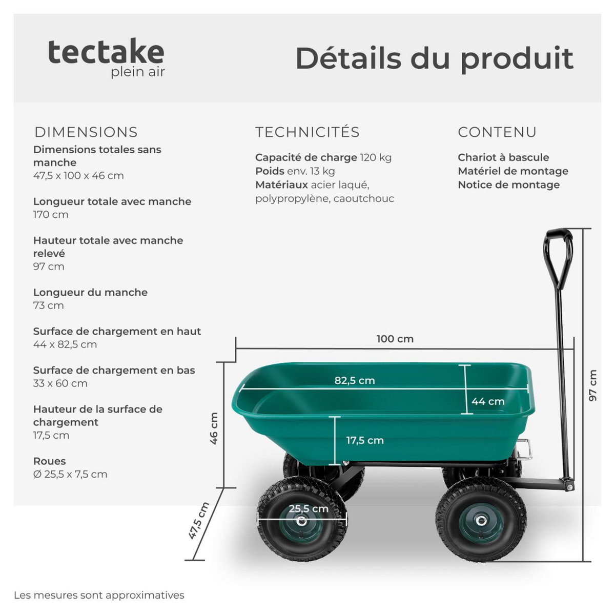 tectake Chariot de jardin et de transport avec fonction d'inclinaison vert