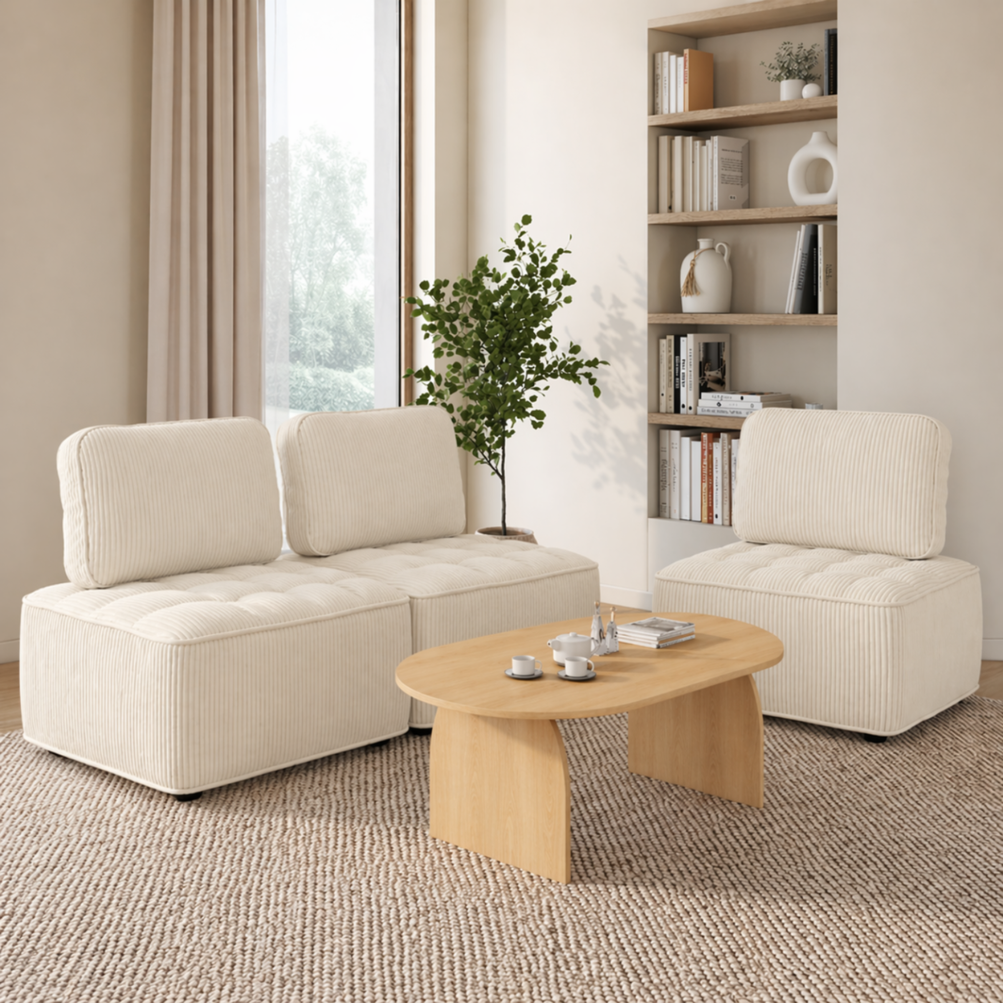 Voir la diapositive 3 : ID MARKET Module de canapé et fauteuil alfie en velours côtelé beige