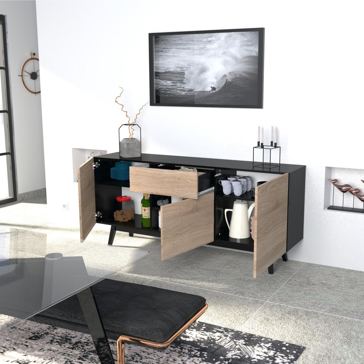 Bahut scandinave 3 portes 1 tiroir L180xP42xH80cm SNOW