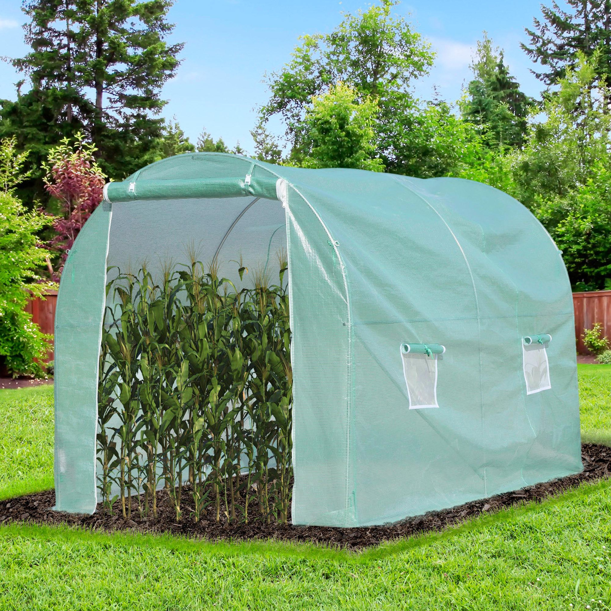 Voir la diapositive 2 : OUTSUNNY Serre de jardin tunnel surface sol 6 m² 3l x 2l x 2,10h m châssis tubulaire renforcé porte zippée 4 fenêtres enroulables vert
