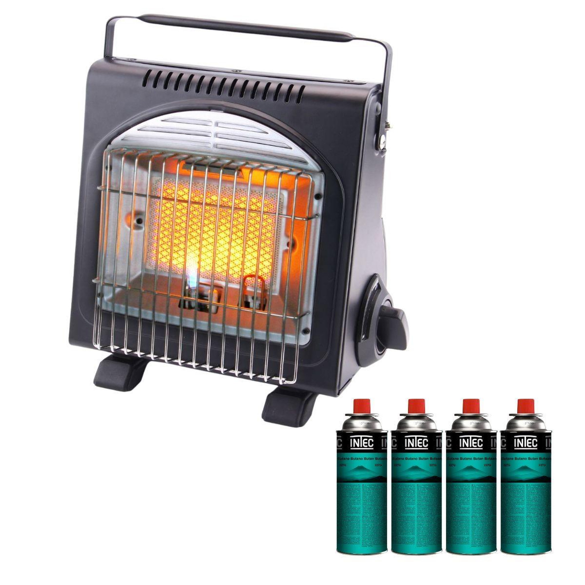 INTEC Chauffage à gaz portable 1700w fuego + 4 cartouches butane en417 piezo hsc ods anti-basculement intec
