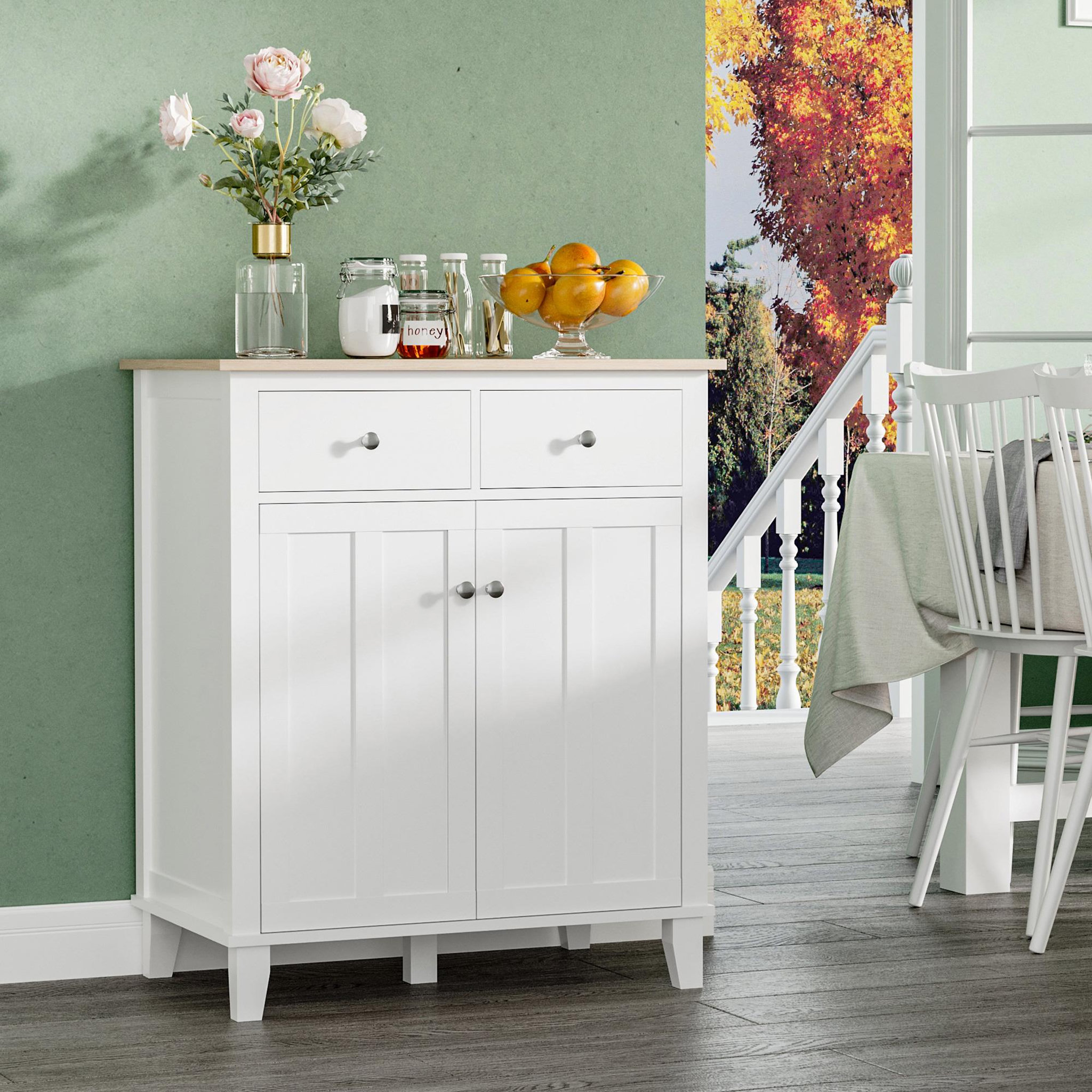 Voir la diapositive 4 : HOMCOM Buffet multi-rangement 2 portes avec étagère 2 tiroirs coulissants panneaux particules blanc aspect bois clair