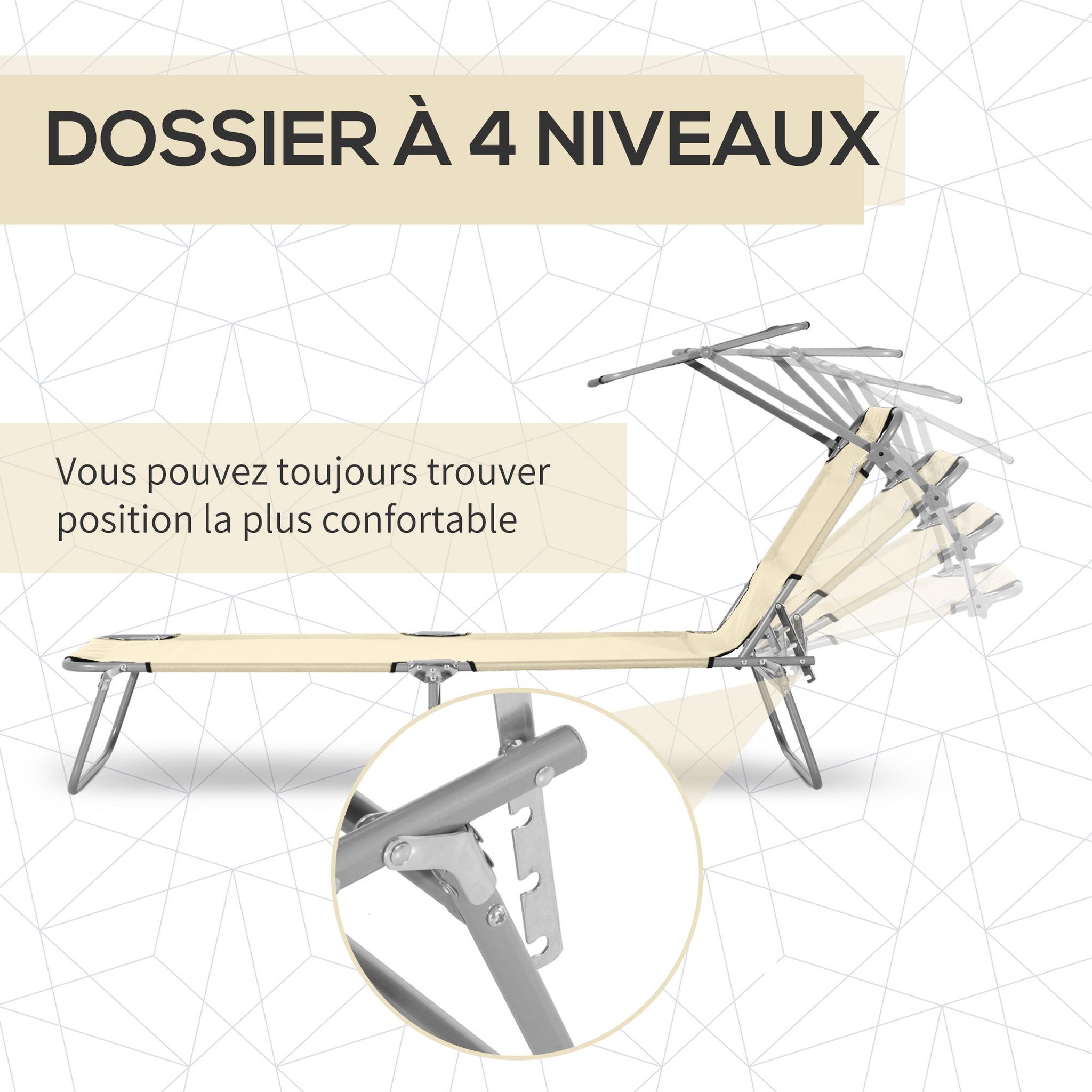 Voir la diapositive 5 : OUTSUNNY Transat bain de soleil pliable grand confort dossier et pare-soleil réglable multi-positions beige