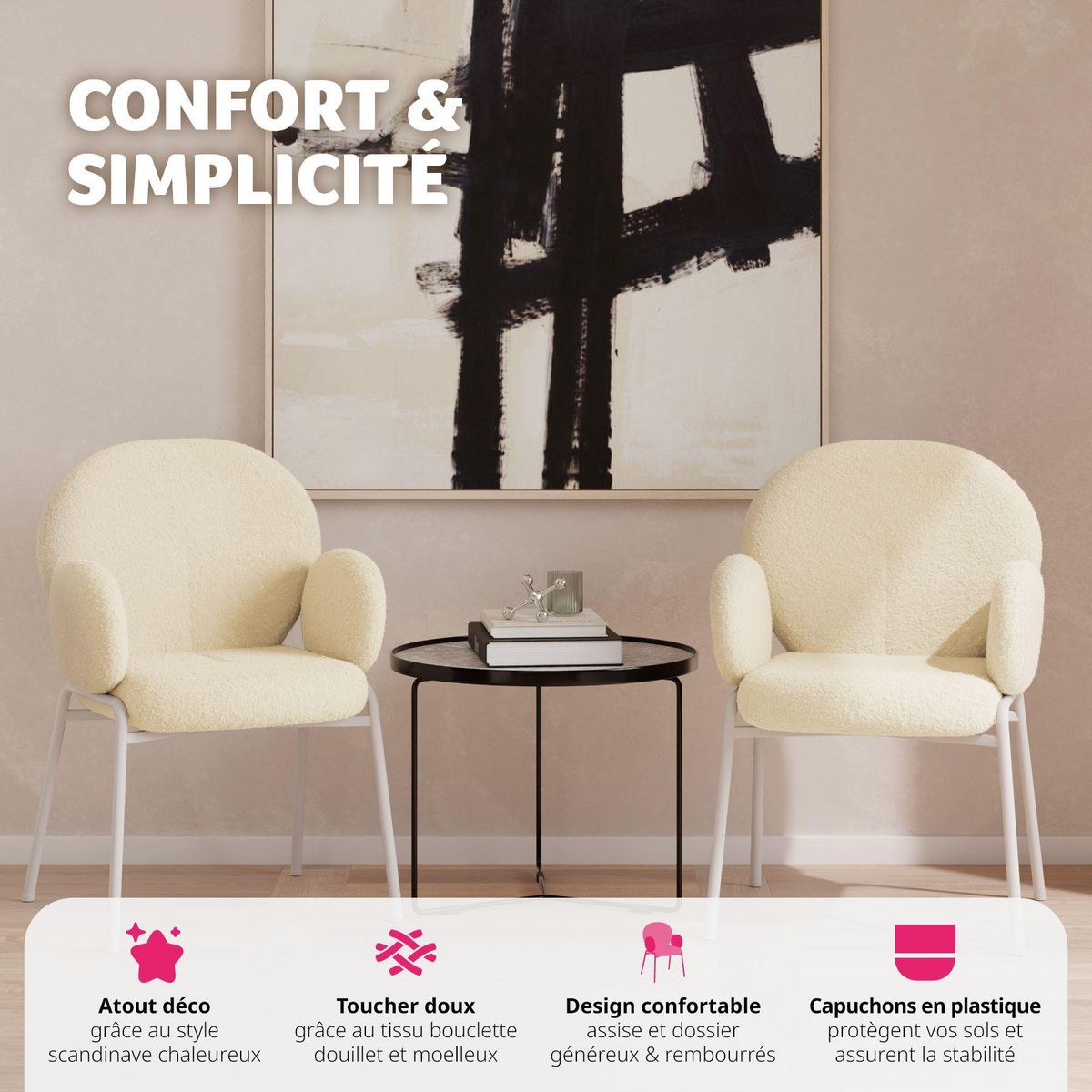tectake Chaise rembourrée avec revêtement en tissu bouclette crème Lot de 2