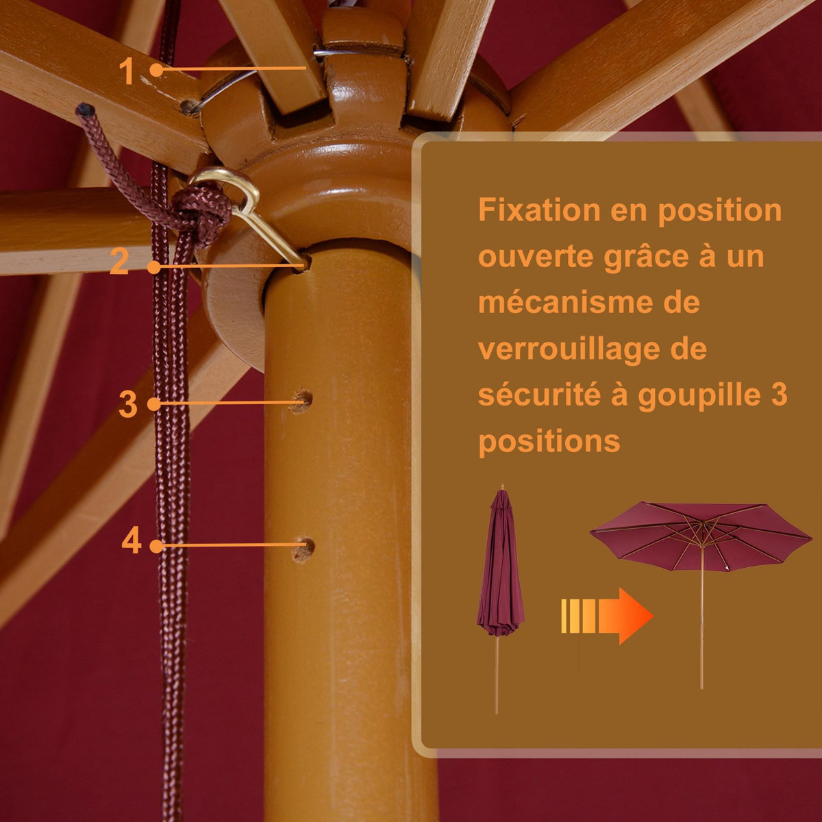 OUTSUNNY Outsunny Parasol droit en bois polyester haute densité protection solaire Ø 3 x 2,5 m rouge