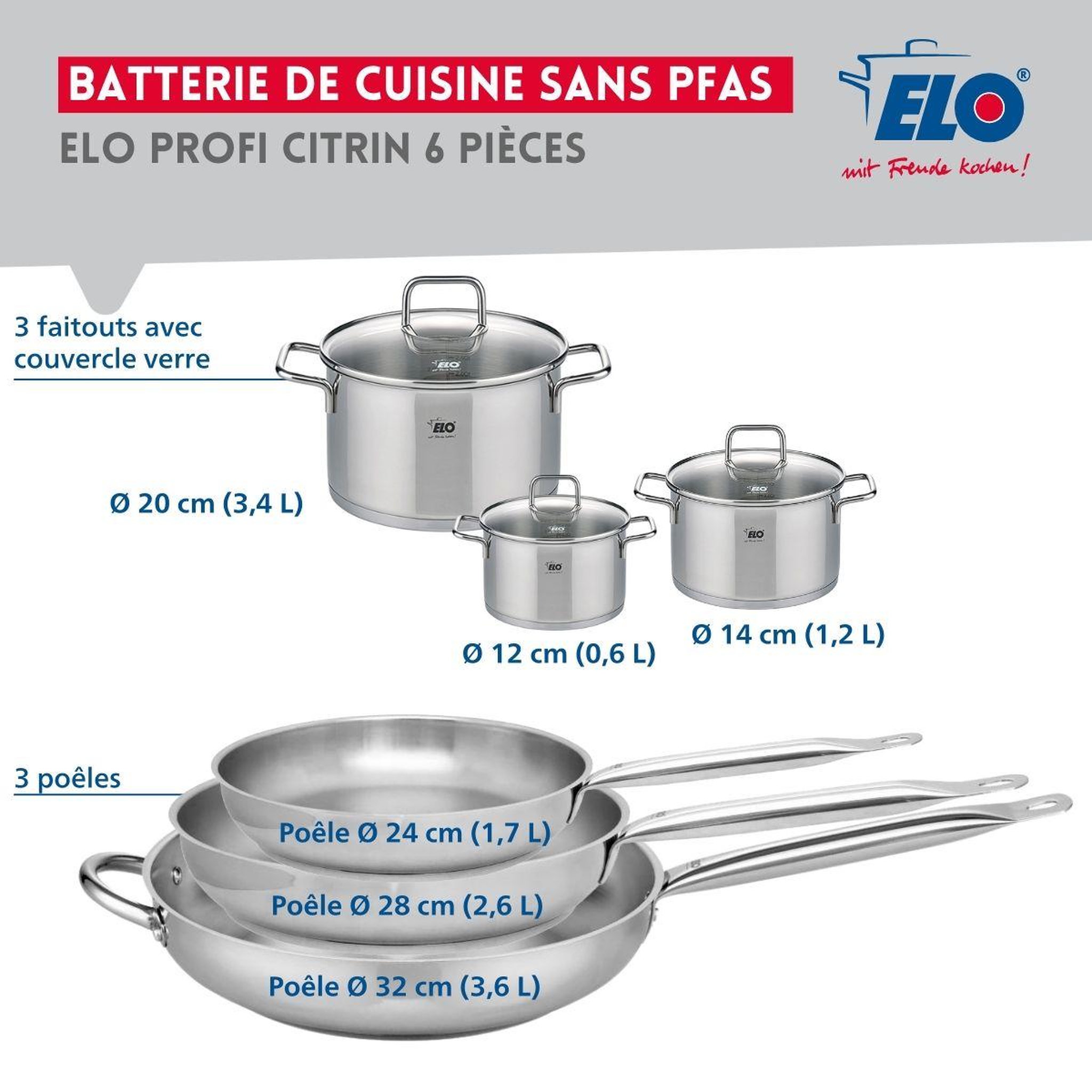 Voir la diapositive 2 : ELO Ensemble de 3 poêles de cuisson 24, 28 et 32 cm et 3 faitouts 12, 14 et 20 cm elo profi citrin