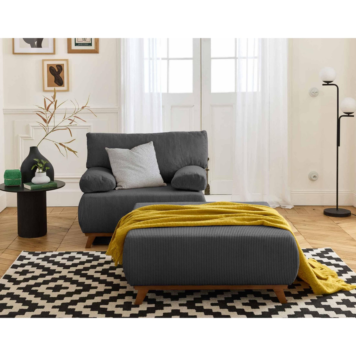 BEST MOBILIER Cristal - fauteuil - convertible avec coffre et grand pouf - en velours côtelé