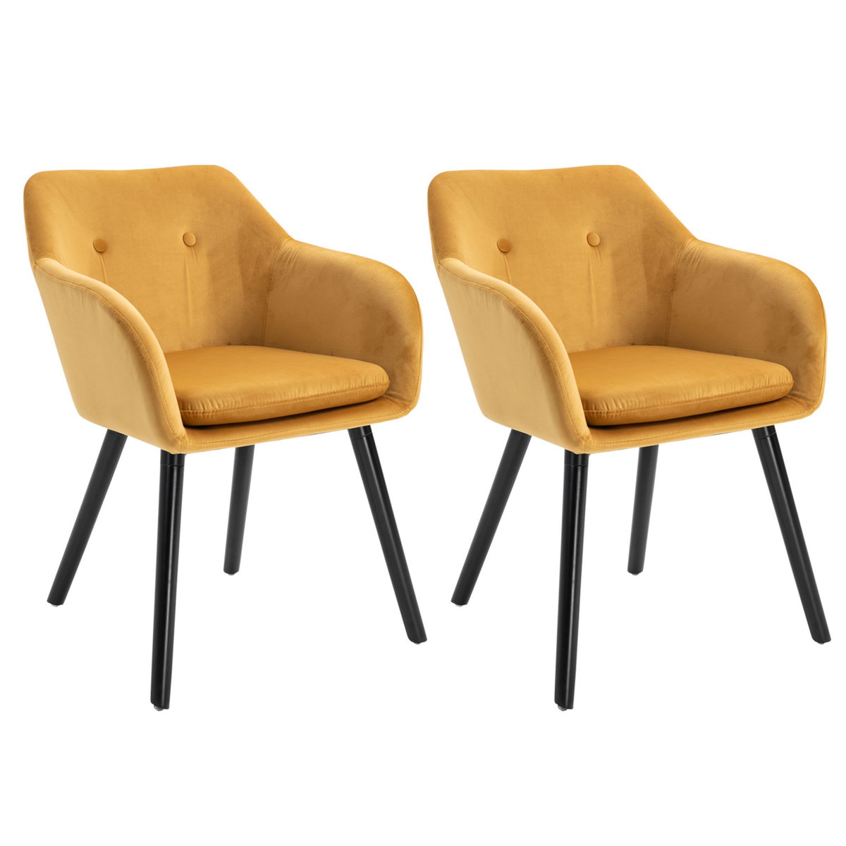 HOMCOM Chaises de visiteur design scandinave - lot de 2 chaises - pieds effilés bois noir - assise dossier accoudoirs ergonomiques velours moutarde