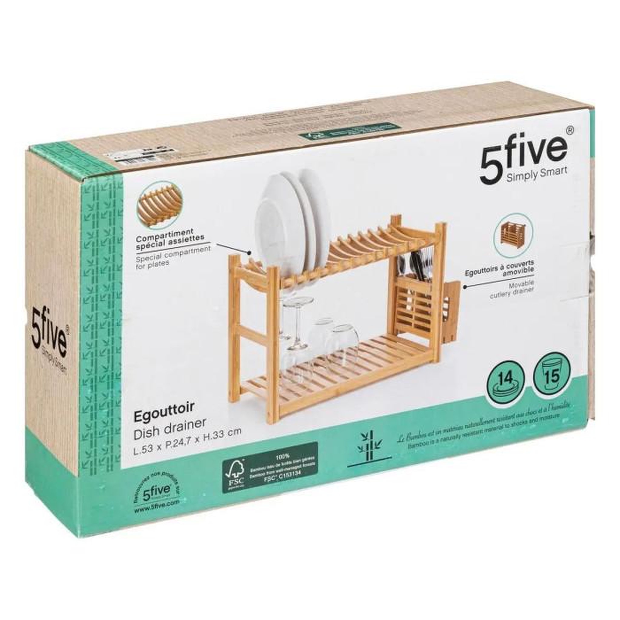 Voir la diapositive 5 : FIVE Égouttoir à Vaisselle 2 Niveaux  Bambou  53cm Naturel