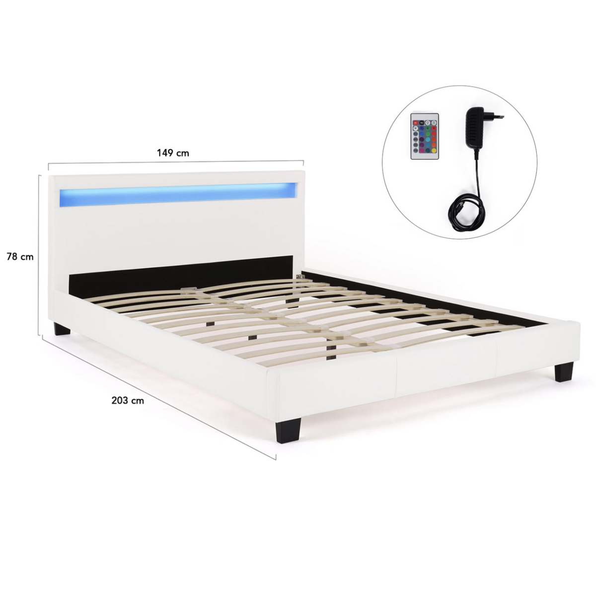 ID MARKET Lit double NEO avec tête de lit LED intégrées et sommier 140 x 190 cm PVC blanc