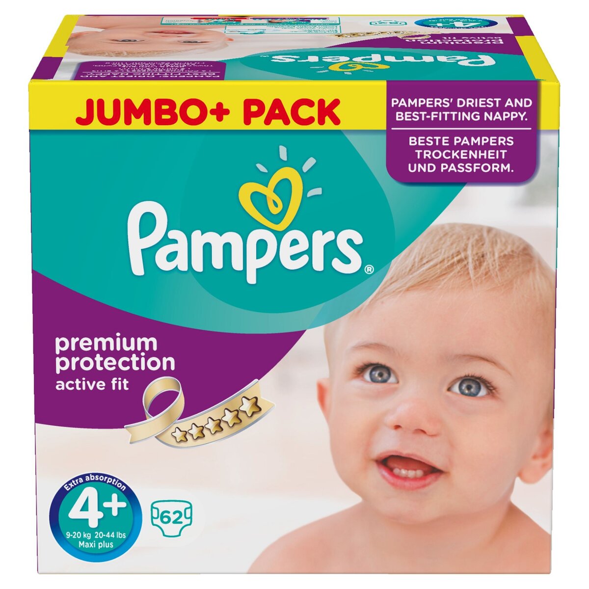 PAMPERS ACTIVE FIT Jumbo Couches Standard T4+ (9-20 kg) Pack de 62 couches