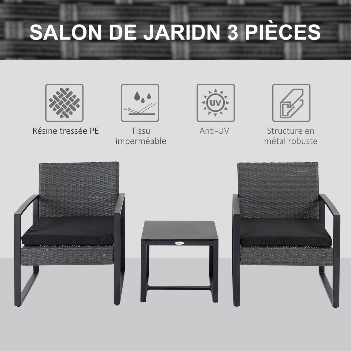 OUTSUNNY Salon de jardin 2 places 3 pièces 2 chaises avec coussins + table basse plateau verre trempé résine tressée aspect rotin noir