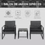 Voir la diapositive 4 : OUTSUNNY Salon de jardin 2 places 3 pièces 2 chaises avec coussins + table basse plateau verre trempé résine tressée aspect rotin noir