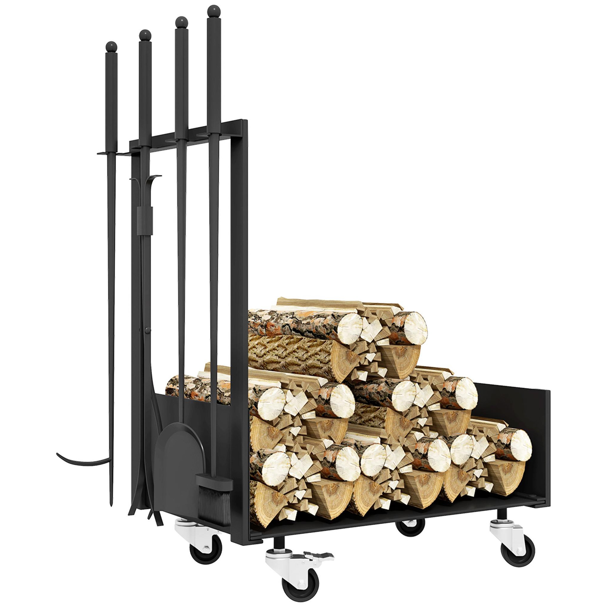 Voir la diapositive 1 : OUTSUNNY Serviteur de cheminée range-bûches chariot 3 en 1 - pelle, balai, tisonnier, pince - charge max. 60 Kg - métal noir