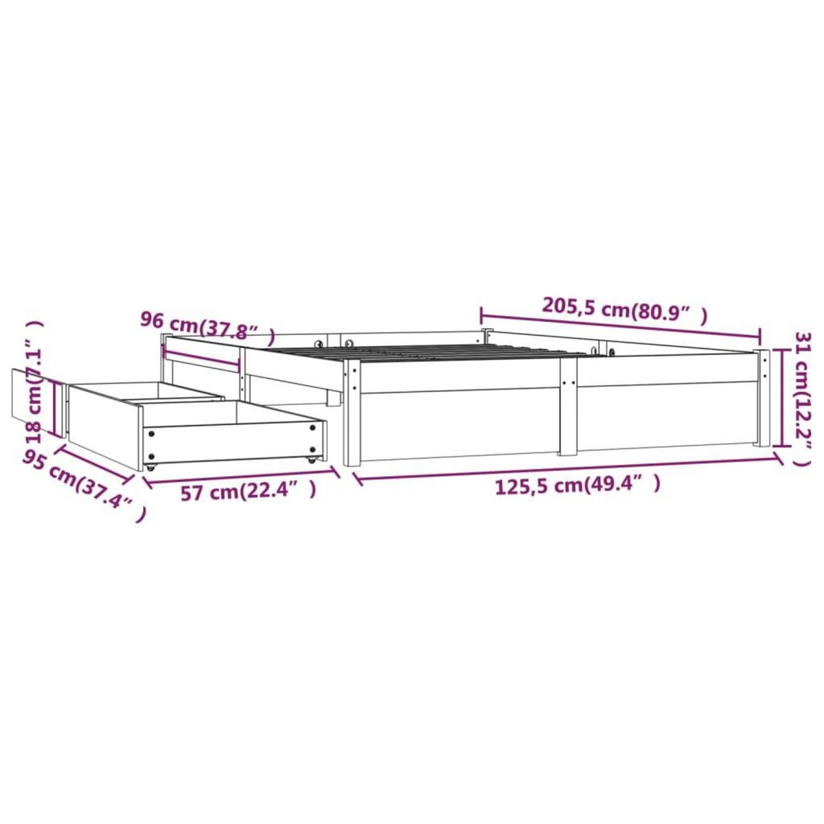 VIDAXL Cadre de lit sans matelas avec tiroirs 120x200 cm