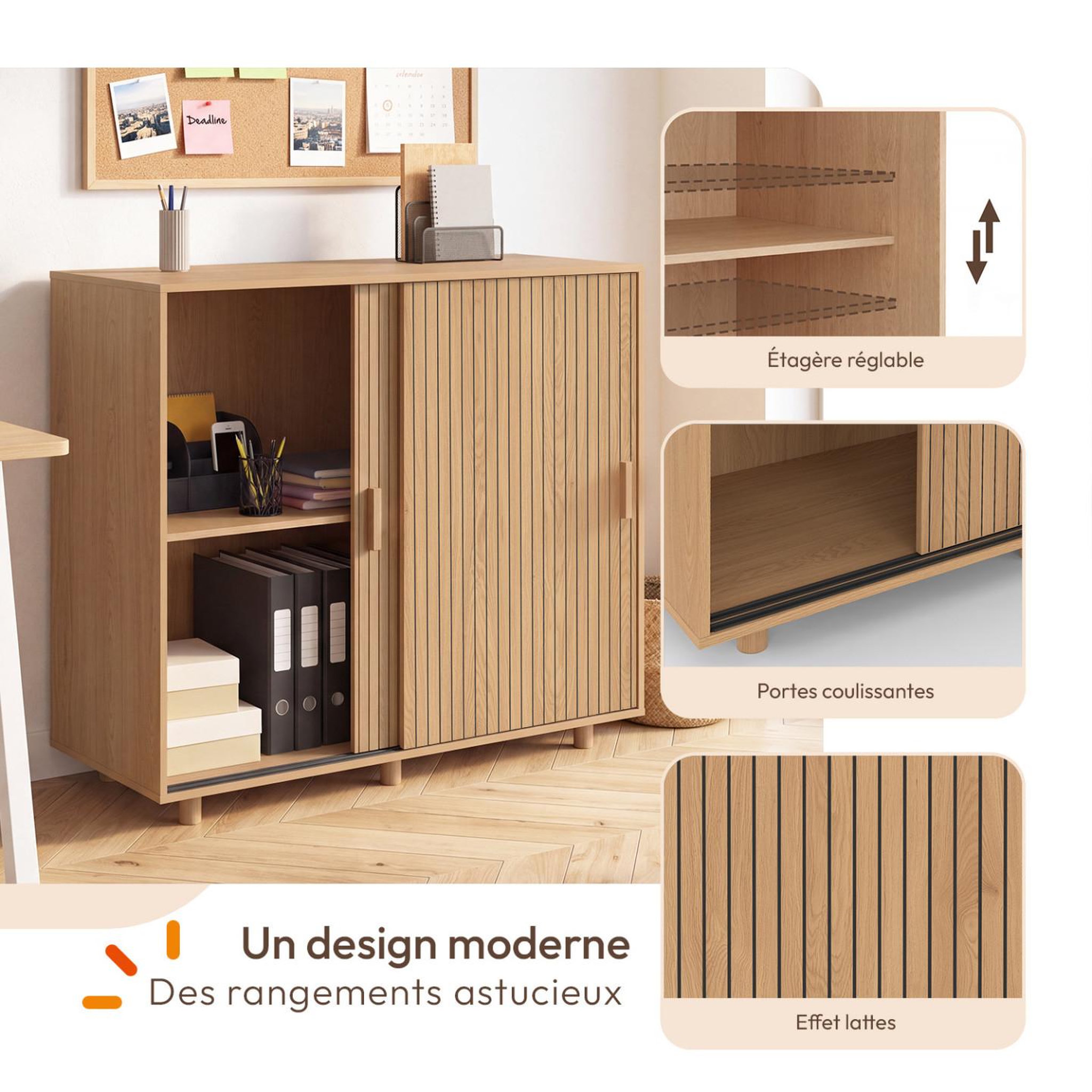 Voir la diapositive 3 : ID MARKET Armoire basse de bureau 2 portes coulissantes verrouillables JULIETTE effet lattes tasseau bois