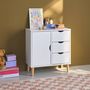 Voir la diapositive 3 : SWEEEK Commode enfant. 1 porte et 3 tiroirs. 2 étagères. blanc. pieds en pin