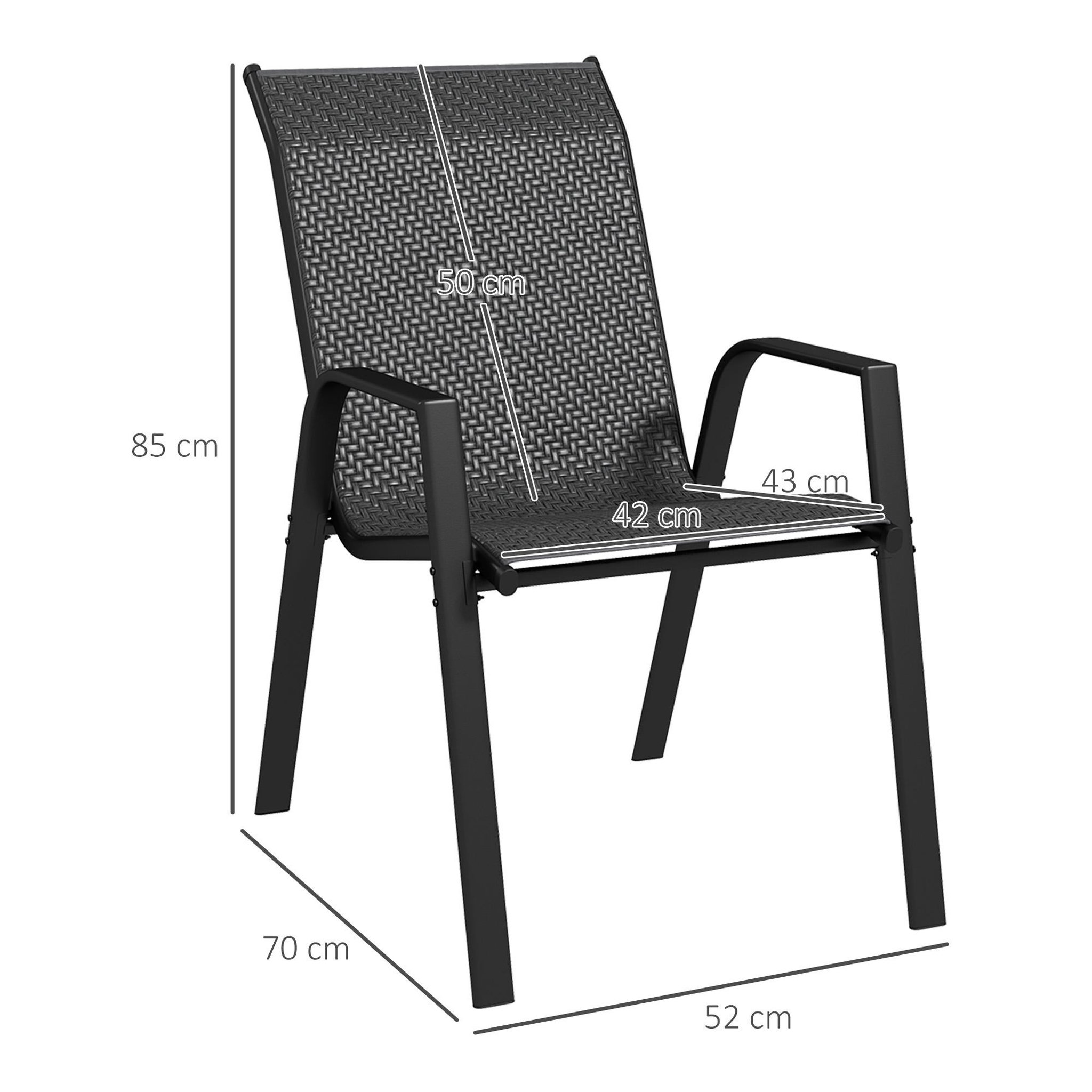 Voir la diapositive 3 : OUTSUNNY Lot de 4 chaises de jardin empilables - accoudoirs - design - acier époxy noir résine tressée grise