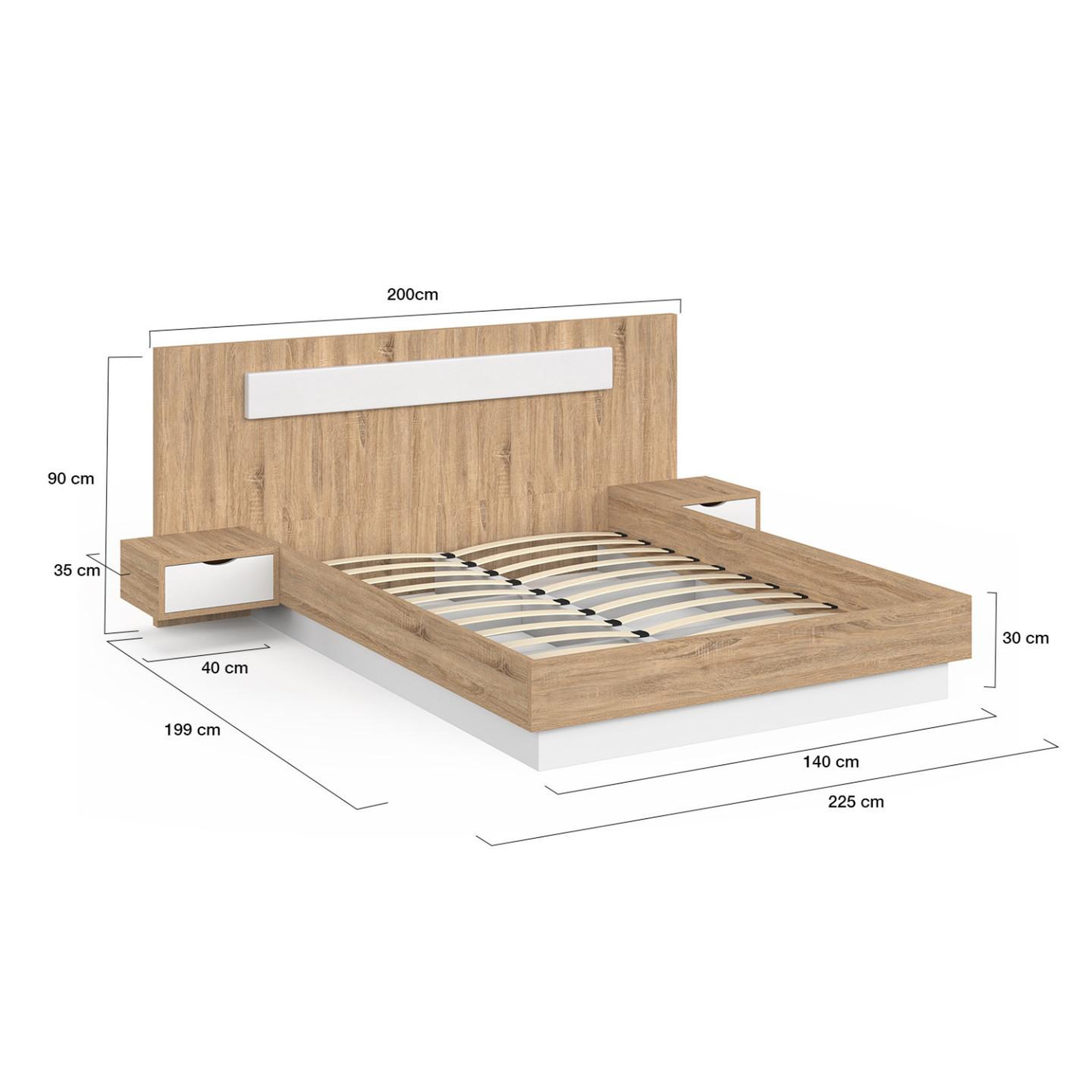 Voir la diapositive 5 : ID MARKET Lit double santa avec tête de lit + tables de chevet intégrées et sommier 140 x 190 cm bois et blanc