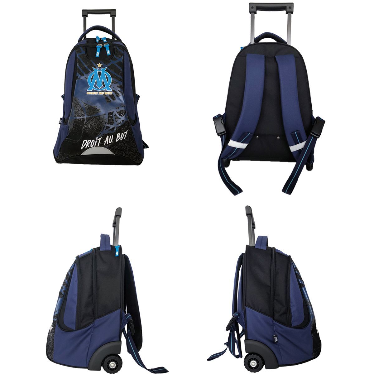 Sac à dos à roulettes bleu et noir OM