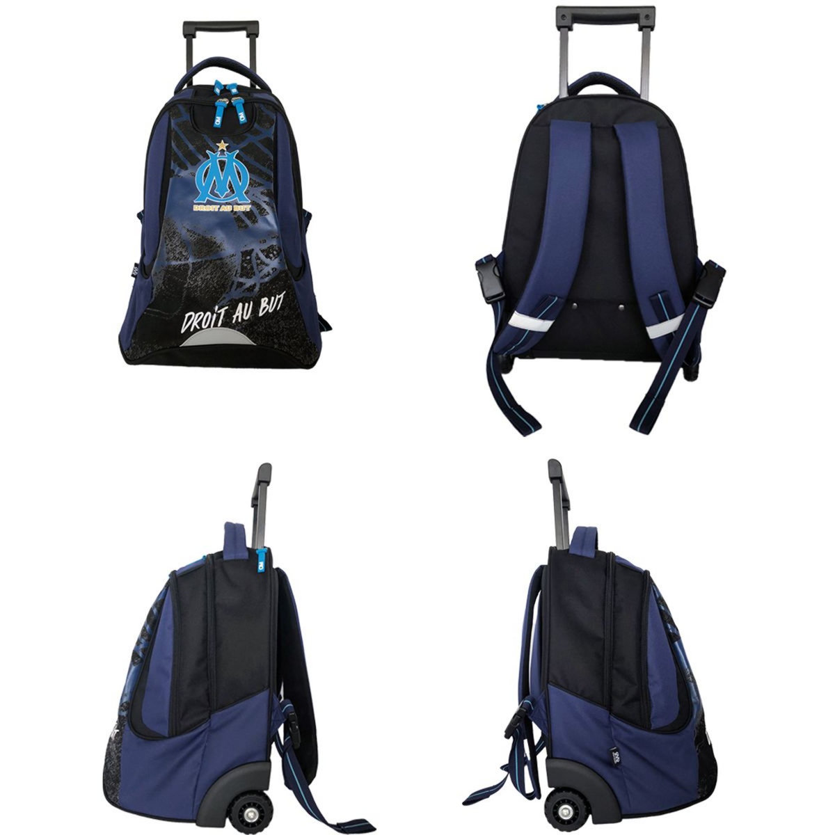 Sac à dos à roulettes bleu et noir OM