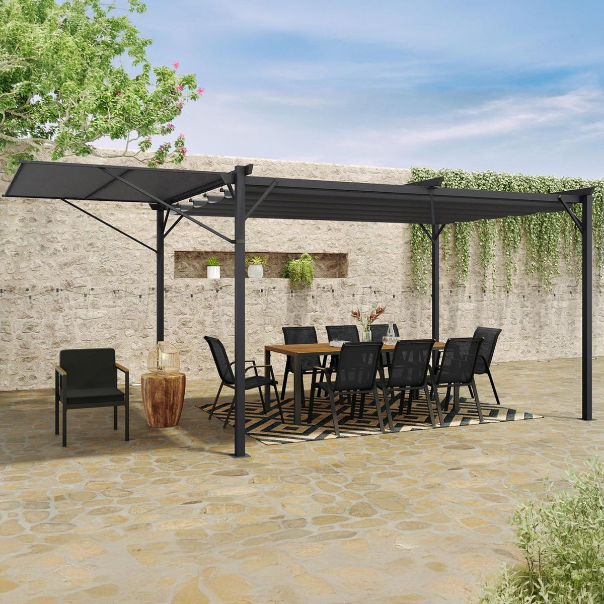ID MARKET Pergola édition originale auvent réglable et toit rétractable 3x4M gris anthracite