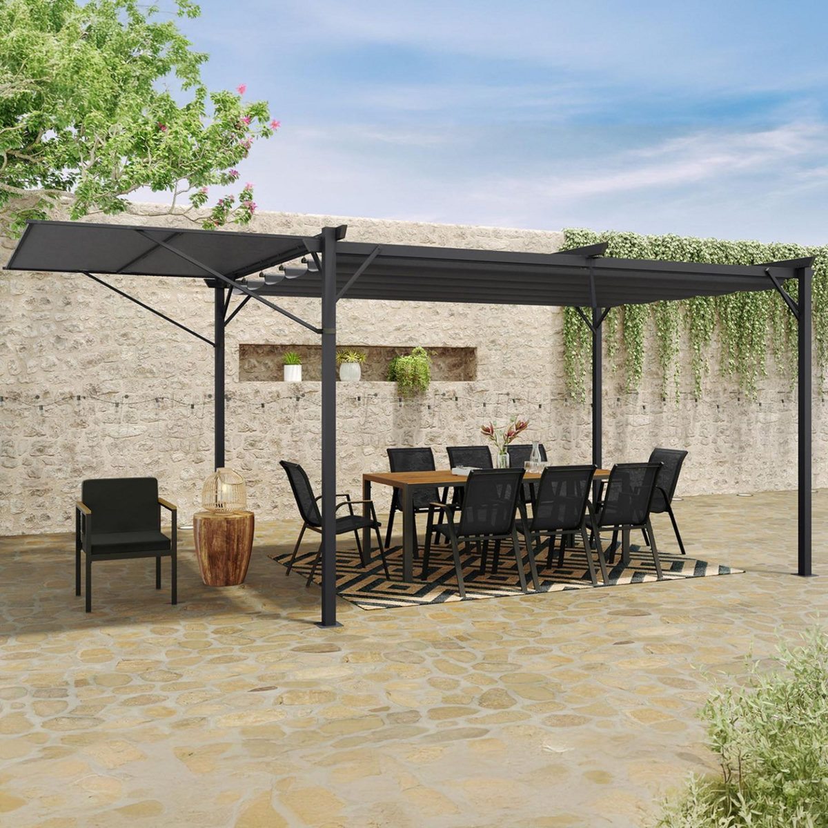ID MARKET Pergola édition originale auvent réglable et toit rétractable 3x4M gris anthracite