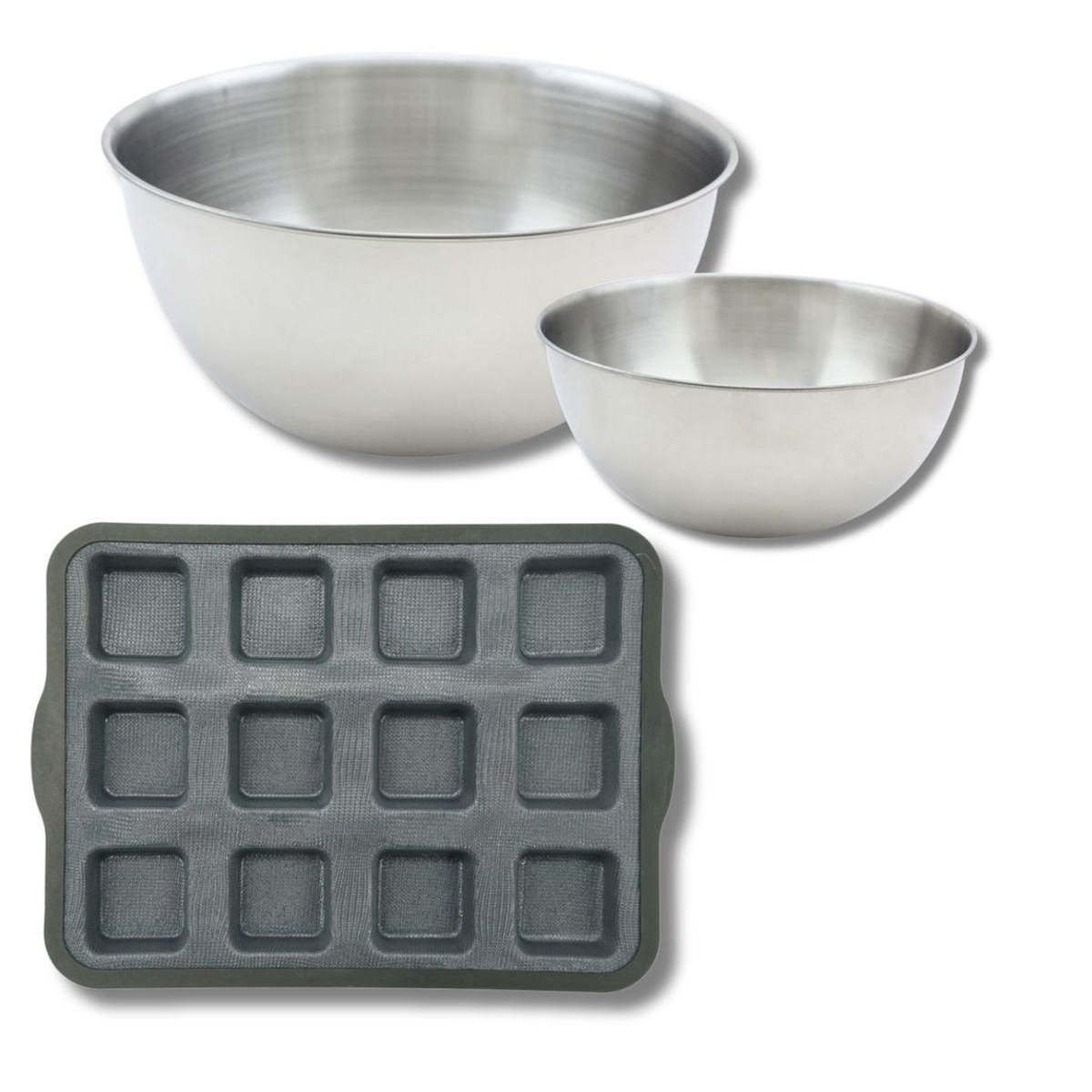 ZENKER Lot avec 1 Moule à gâteaux 12 carrés en silicone fibre de verre, 1 spatule Zenker et 2 bols à mixer en inox Fackelmann