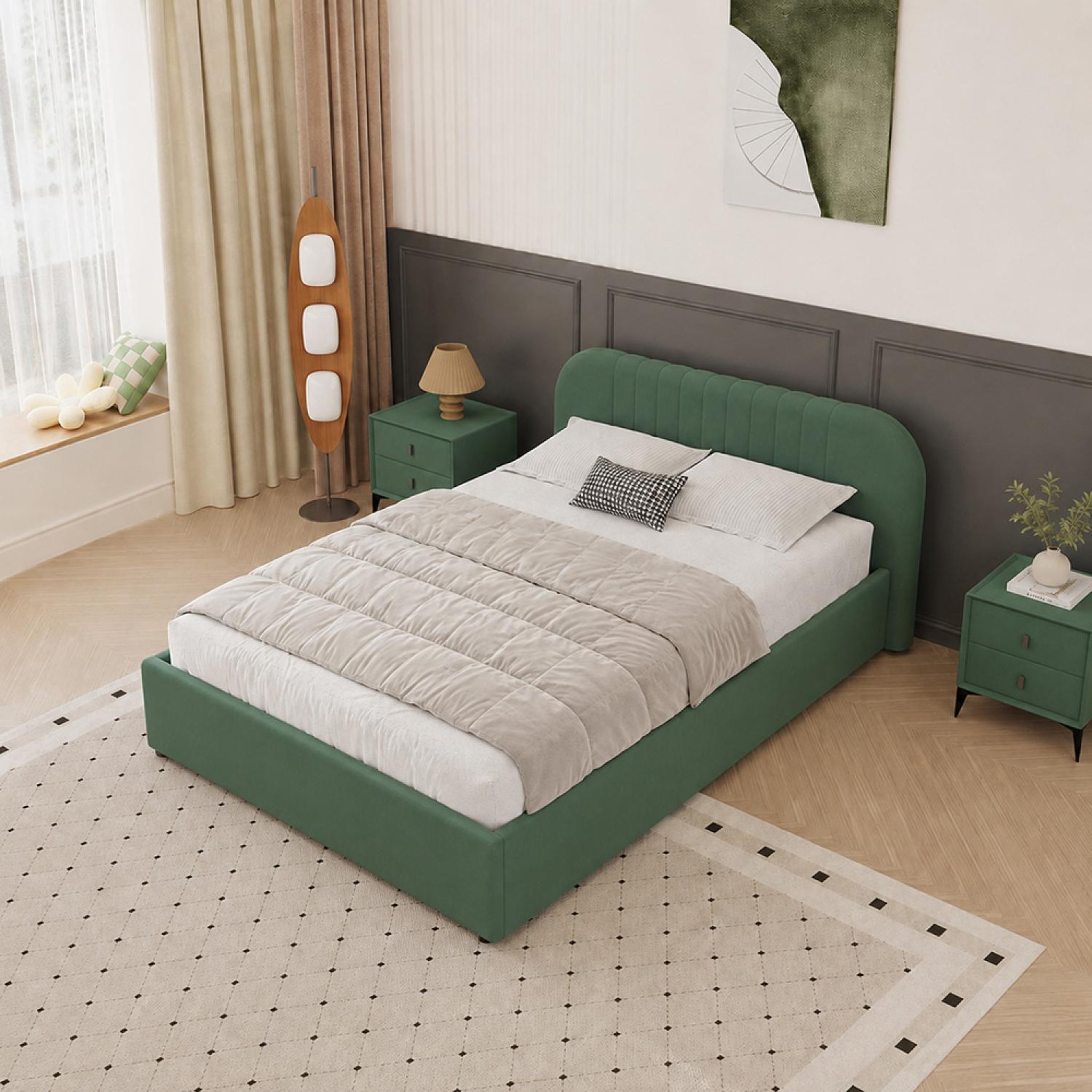 Voir la diapositive 4 : CONCEPT USINE Lit avec coffre de rangement 140x190cm en velours vert irvine