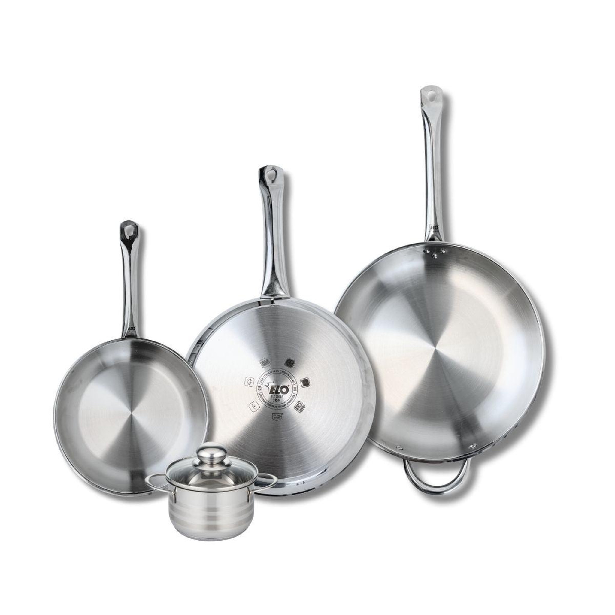 Voir la diapositive 1 : ELO Ensemble de 3 Poêles de cuisson 24, 28 et 32 cm et 1 faitout 12 cm Elo Profi Brillant