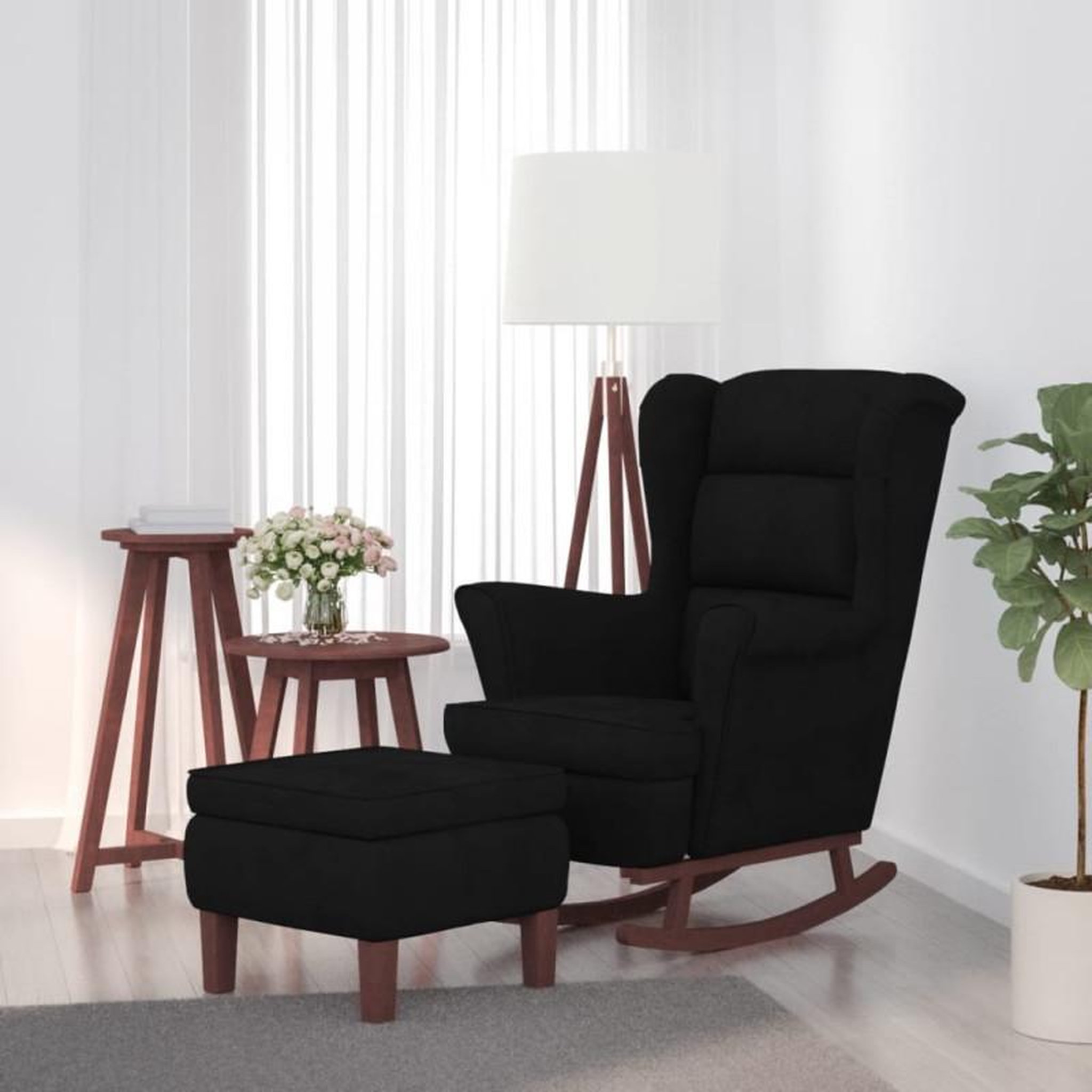 Voir la diapositive 1 : VIDAXL Chaise à bascule avec pieds en bois et tabouret Noir Velours